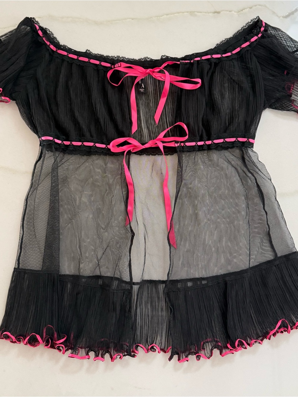 Victoria's Secret Sexy Little Things Black Sheer BabydollHot Pink Ribbon